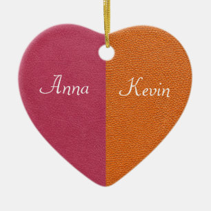 Ornement Cœur En Céramique Couleur rose et orange en cuir