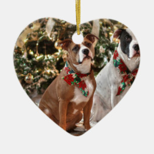 Ornement Cœur En Céramique Cute Christmas Rescue Pitbull and America Bull Dog