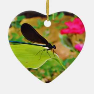 Ornement Cœur En Céramique Damselfly et Rose