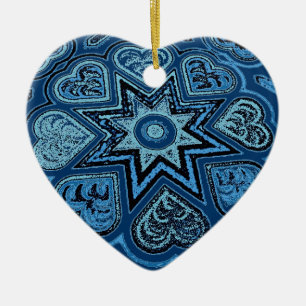 Ornement Cœur En Céramique Denim Blue Folk Art Hearts Ornament