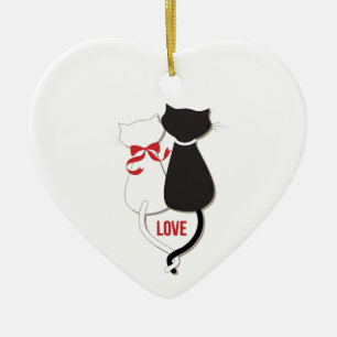 Ornement Cœur En Céramique Deux chats en amour, Rouge, Noir, Coeurs