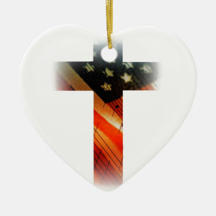 Ornement Cœur En Céramique Drapeau américain en croix