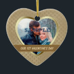 Ornement Cœur En Céramique Elegant Gold Pattern Our First Valentine Ornament<br><div class="desc">This elegant ornament features your special photograph within a shiny gold heart shaped frame against a pretty gold pattern background. Your text is in light gold on a dark antique gold banner that is framed in thin gold. The back of the ornament has a heart shaped field with more text...</div>