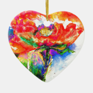 Ornement Cœur En Céramique Elégante peinture abstraite à l'aquarelle rouge