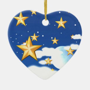Ornement Cœur En Céramique Etoiles d'or-