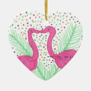 Ornement Cœur En Céramique Flamant rose Fun Tropical Motif