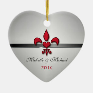 Ornement Cœur En Céramique Fleur de Lis Heart notre premier blanc de Noël