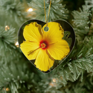 Ornement Cœur En Céramique Fleur d'Hibiscus jaune