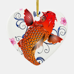 Ornement Cœur En Céramique Fleur orientale de carpe de poissons de Koi