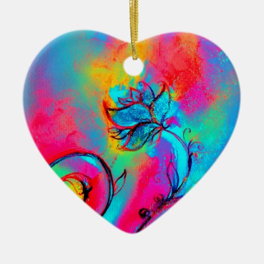 Ornement Cœur En Céramique FLEURS BLANCHES rose jaune violet, bleu turquoise (Devant)
