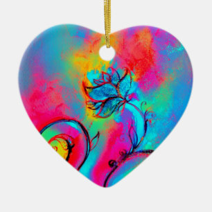 Ornement Cœur En Céramique FLEURS BLANCHES rose jaune violet, bleu turquoise