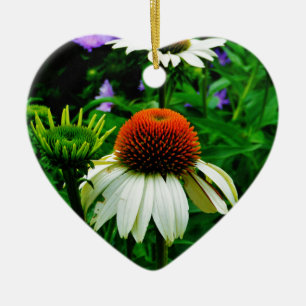 Ornement Cœur En Céramique Fleurs de cônes blanches et orange