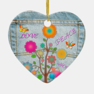 Ornement Cœur En Céramique Fleurs de poche arrière en denim Paix Amour Espoir