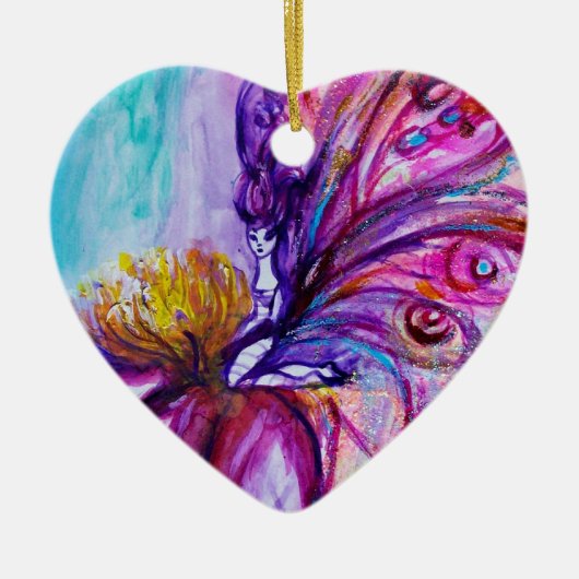 ORNEMENT CŒUR EN CÉRAMIQUE FLEURS MORTES BLANCHES EN ROSE, PARKLES D'OR (Devant)