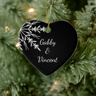 Ornement Cœur En Céramique Flocon de neige noir et blanc Mariage hivernal