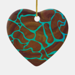 Ornement Cœur En Céramique Giraffe Impression Brown et Turquoise