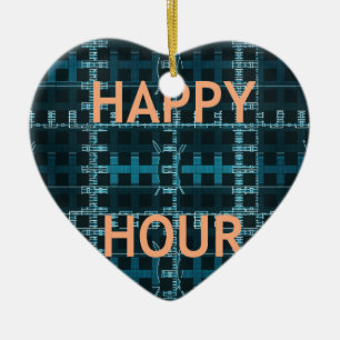 Ornement Cœur En Céramique Happy Hour Texte bleu Vector Art Imprimer