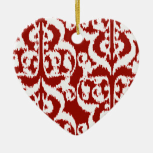 Ornement Cœur En Céramique Ikat Moorish Damask - rouge foncé et blanc
