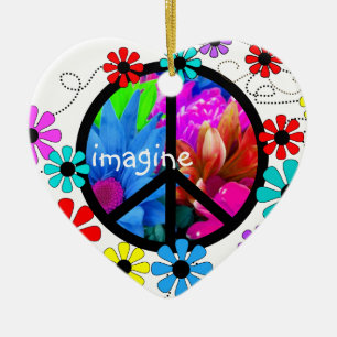 Ornement Cœur En Céramique Imaginez le symbole de paix et les rétros fleurs