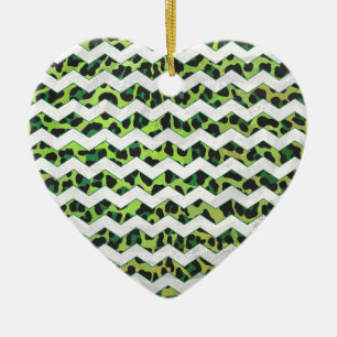 Ornement Cœur En Céramique Imprimé léopard chevron noir et vert