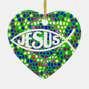 ORNEMENT CŒUR EN CÉRAMIQUE JÉSUS POISSON ICHTHYS VERT VERT VERRE VERRE VERRE 
