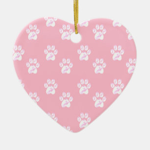 Ornement Cœur En Céramique Joli motif de patte blanche sur rose