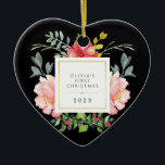 Ornement Cœur En Céramique Jolie Fleurs roses Babys Premier Noël sur Noir<br><div class="desc">Ce magnifique ornement présente de belles pivoines roses de style aquarelle et des feuilles gris et verts. Un cadre carré avec fausse feuille d'or est au centre, et vous pouvez personnaliser avec le nom de votre bébé et tout message ou année en utilisant le modèle. (VEUILLEZ NOTER : le look...</div>