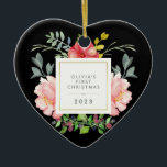 Ornement Cœur En Céramique Jolie Fleurs roses Babys Premier Noël sur Noir<br><div class="desc">Ce magnifique ornement présente de belles pivoines roses de style aquarelle et des feuilles gris et verts. Un cadre carré avec fausse feuille d'or est au centre, et vous pouvez personnaliser avec le nom de votre bébé et tout message ou année en utilisant le modèle. (VEUILLEZ NOTER : le look...</div>