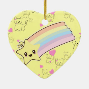 Ornement Cœur En Céramique L'arc-en-ciel de Kawaii chatte le motif si mignon.