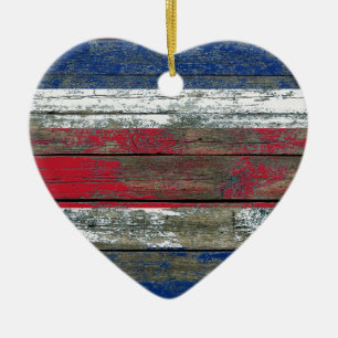 Ornement Cœur En Céramique Le drapeau du Costa Rica sur le bois rugueux