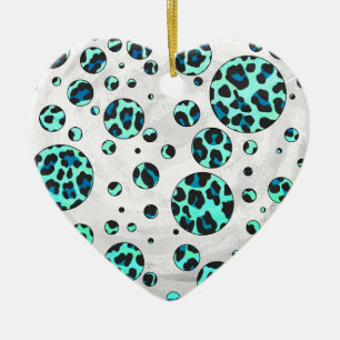 Ornement Cœur En Céramique Léopard noir et Turquoise