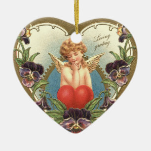 Ornement Cœur En Céramique LOVE CUPID WITH HEART AND PANSIES  Valentine's Day