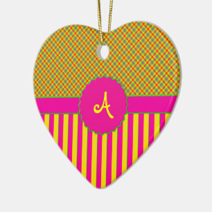 Ornement Cœur En Céramique Monogramme Tartan ORNAMENT, Tutti Frutti Jaune