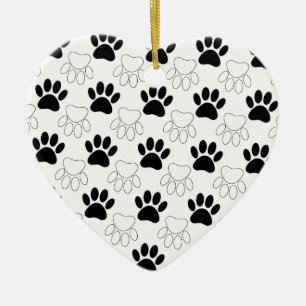 Ornement Cœur En Céramique Motif Empreinte de patte de chien noir et blanc