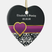 Ornement Cœur En Céramique Noir blanc damassé mauve coeur Enregistrer la date (Droite)