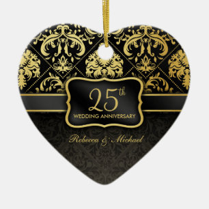 Ornement Cœur En Céramique Noir élégant et 25ème anniversaire de mariage d'or