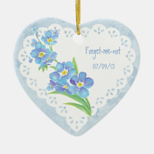 Ornement Cœur En Céramique Nom Daté Personnalisé Forget-me-not Watercolor Flo