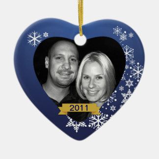 Ornement Cœur En Céramique Notre coutume bleue de flocon de neige de premier