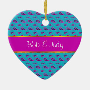 Ornement Cœur En Céramique Paon et motif magenta de Paisley
