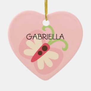 Ornement Cœur En Céramique Papillon rose avec le coeur nommé