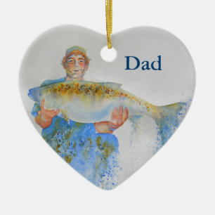 Ornement Cœur En Céramique Pêcheur peinture d'aquarelle cadeau de pêche pour