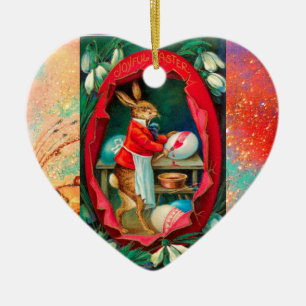 ORNEMENT CŒUR EN CÉRAMIQUE PERCE-NEIGE AVEC LAPIN PEINTRE ŒUFS DE PÂQUES