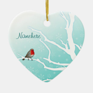 Ornement Cœur En Céramique Personnalisable : Robin dans un arbre
