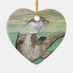 Ornement Cœur En Céramique Playful River Otter Painting