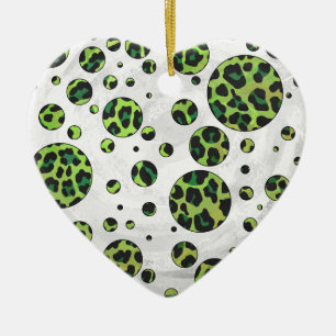 Ornement Cœur En Céramique Polka Dot Leopard noir et vert