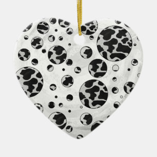 Ornement Cœur En Céramique Polka Dot Vache noir et blanc