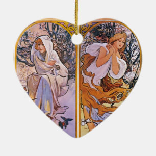 Ornement Cœur En Céramique Quatre Saisons par Alfons Mucha Art Déco Nouveau
