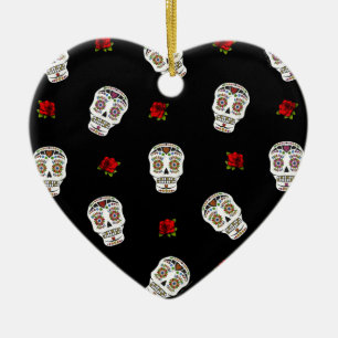 Ornement Cœur En Céramique RAB Rockabilly Sugar Skulls Roses sur fond noir
