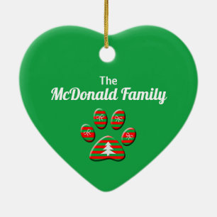 Ornement Cœur En Céramique Red and Green Striped Cat Paw Christmas