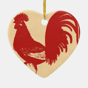 Ornement Cœur En Céramique Rooster rouge